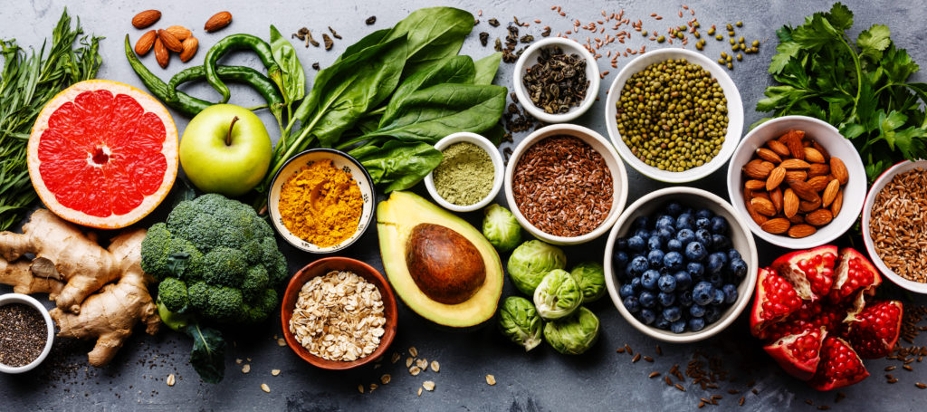 Healthy food clean eating selection: fruit, vegetable, seeds